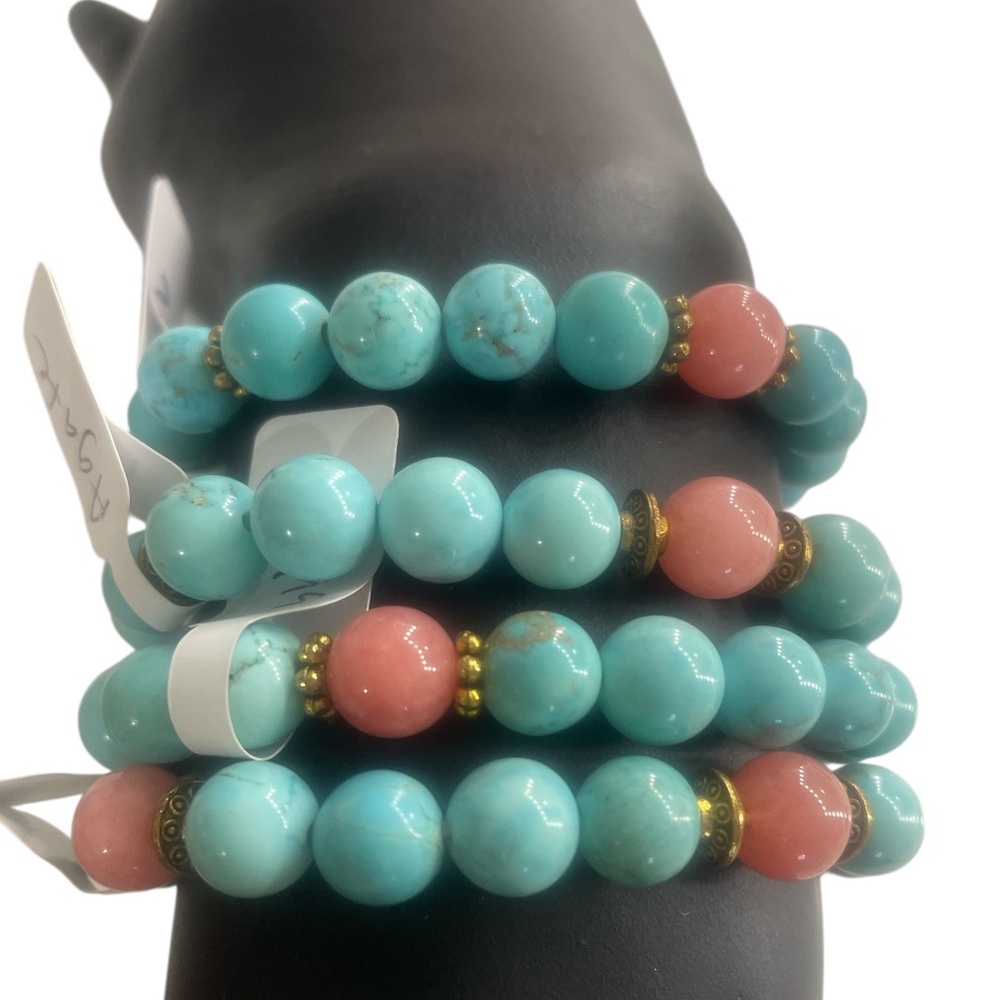 Lace Agate colored Turquoise, Rose Quartz Gemstone Bracelet,Stretch - Picture 2 of 7